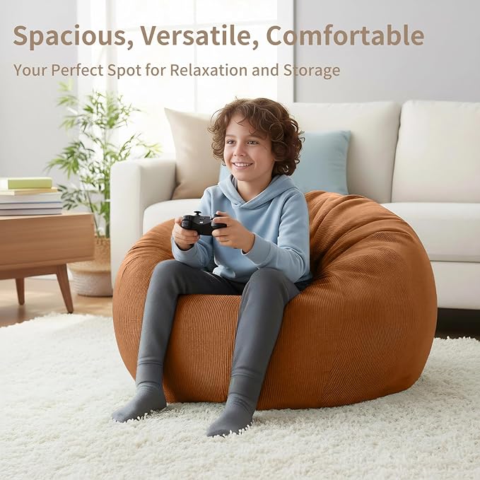 Nobildonna 3 ft Bean Bag Chair Cover (No Filler) 35"×43" Large Stuffed Animal Storage Bean Bag Washable Big Beanbag Chair Cover Premium Corduroy Bean Bag Cover for Adults,Kids,Orange Brown 300L