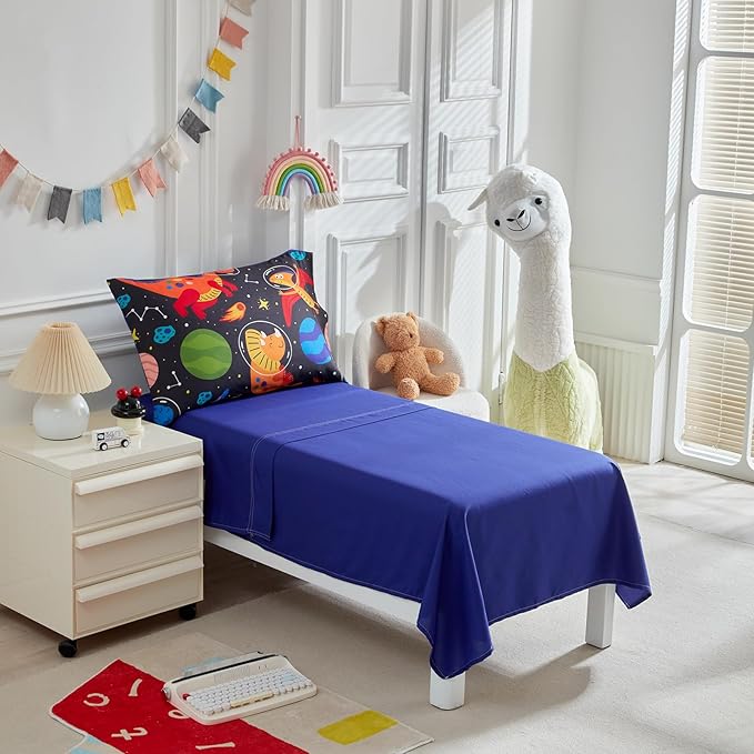 4 Pieces Toddler Bedding Set for Boys Girls Black Toddler Bed Set - Ultra Soft Cartoon Space Orange Dinosaur Toddler Bed in a Bag - 1 Comforter Set 1 Fitted Sheet 1 Flat Sheet 1 Pillowcase