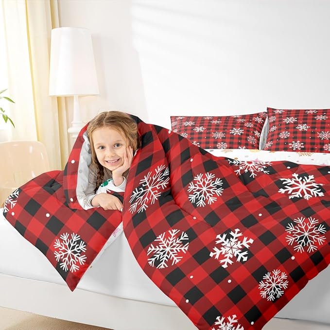 Feelyou Christmas Kids Comforter Set Twin Size Snowflake Red Bedding Set Red Black Plaid Duvet Quilt for Kids Boys Girls Bedroom Winter Snow Decor Microfiber Ultra Soft Breathable