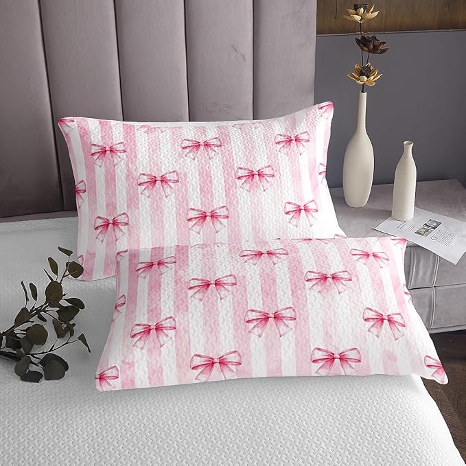 Pink Bowknot Kids Bedspread Twin Size,Bow Tie Geometric Stripe Coverlet Set,Girls Women Room Decor,Butterfly Knot Princess Style Fashion Quilted Coverlet,Pink Romantic Bedding Quilt,1 Pillowcase