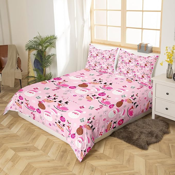 Manfei Christmas Duvet Cover Set Twin Size, Santa Claus and Reindeer Comforter Cover with 1 Pillowcase, New Year Pink Bedding Set 2pcs for Kids Girls Adult Lightweight Bedspread Cover,No Comforter