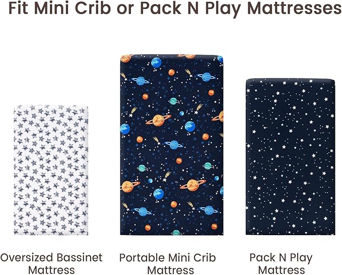 PHF 3 Pack Soft Mini Crib Sheets, Space Silky Pack N Play Sheets for Baby Boys Girls Neutral, Universal Fit for Pack N Play, Playard, Portable and Mini Crib Mattresses, Space