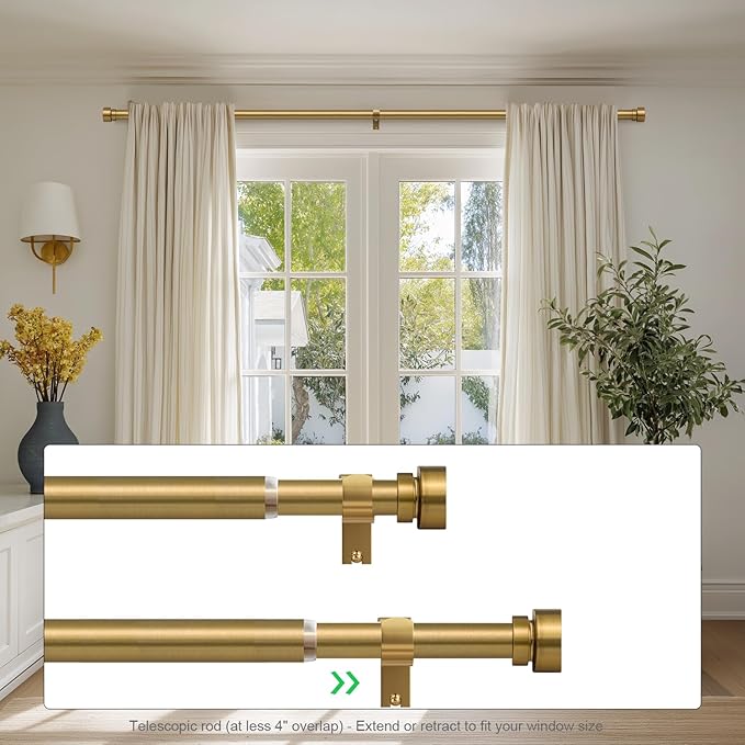 Brass Curtain Rods for Windows 66 to 120 Adjustable Modern Gold Curtain Rod 1 inch Diameter Heavy Duty with Solid Metal Finials for Living Room Bedroom Farmhouse Outdoor Patio