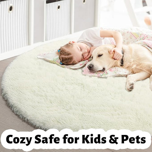 Amdrebio Ivory White Round Circle Rug 6Ft for Kids Bedroom Aesthetic, Big Washable Fluffy Fuzzy Area Rugs for Living Room, Circular Plush Soft Shaggy Cream Carpet for Baby Nursery Teen Girls Boys