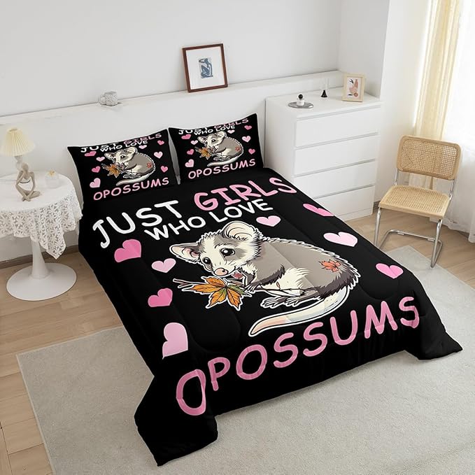 Girl Pink Love Heart Pattern 3 Pcs Comforter/Duvet Set,Cute Cartoon Animal Theme Ultra Soft Bed Collection,Opossum Bedding for Room Decor 3 Pcs,Microfiber Breathable,King