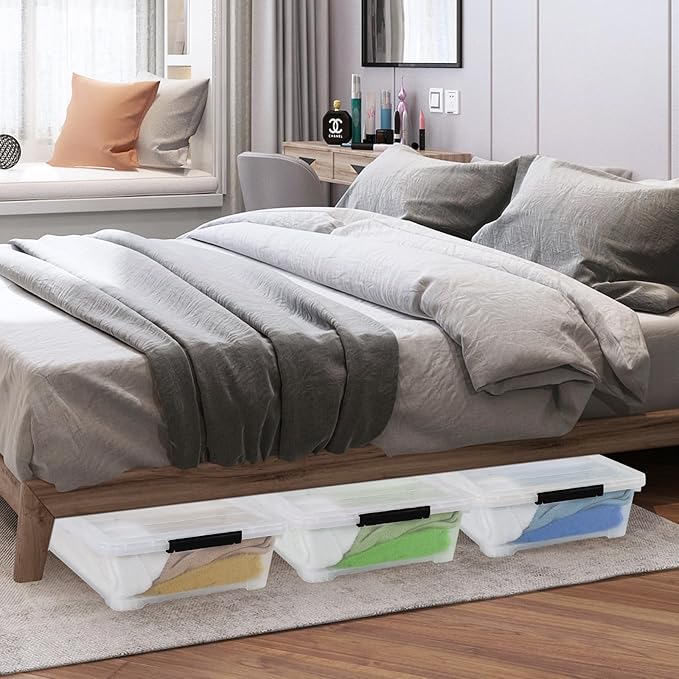 42 L 4 Packs Plastic Under Bed Storage Container with Lids, Clear Underbed Storage Bin with Wheels