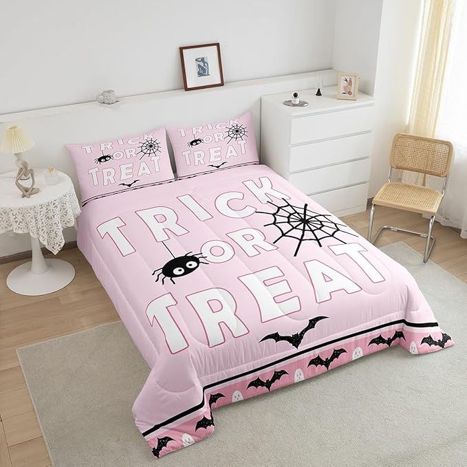 Erosebridal Happy Halloween Comforter Set King Size Spider Web Bedding Set Bat Ghost Quilt for Kids Boys Girls Teens Cartoon Style Bedding Comforter Sets with 2 Pillow Cases