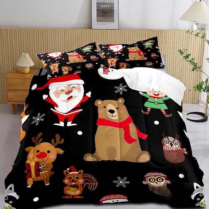 LUVIVIHOME 2PCS Merry Christmas Comforter Set Twin Size, Boys Girls Kids Bedding, Black Quilt, Funny Cute Cartoon Santa Claus Elf Owl Elk Reindeer Squirrel Xmas Christmas Bedroom Decor, 1 Pillow Sham
