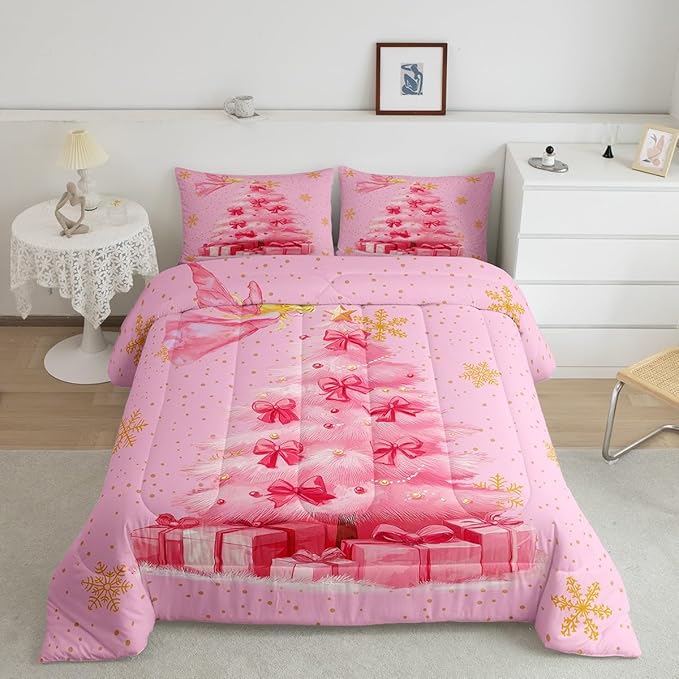 Erosebridal Xmas Tree Twin Bedding Sets Merry Christmas Comforter Sets for Kids Boys Girls Teens Snowflake Decorations Down Comforter Princess Bow Pink Decor Duvet Insert