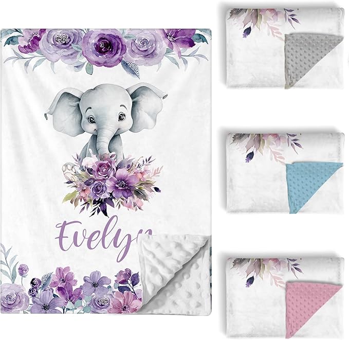 Personalized Baby Crib Bedding Set, 5 Pcs Custom Name Nursery Bedding Set for Girls Boys, Purple Elephant Baby Crib Set for Toddlers Infants, Double Layer Bedding Crib Sets Customized Gifts