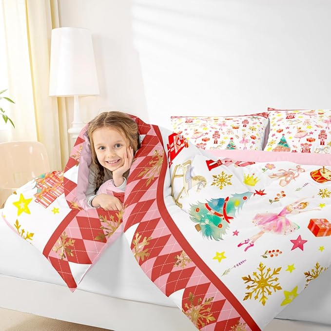 Feelyou Christmas Comforter Set All Season Ballet Nutcracker Bedding Set with 2 Pillow Cases Snowflake Kids Queen Bedclothes Bedroom Decor Duvet Quilt Breathable Soft Lightweight