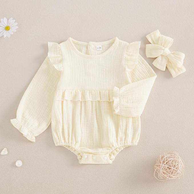 Newborn Infant Baby Girl Clothes Cotton Linen Long Sleeve Smocked Bubble Romper Ruffle Bodysuit Jumpsuit Fall Outfit