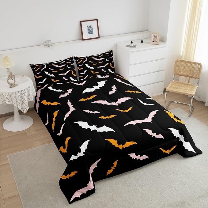 Erosebridal Bat Bedding Set Happy Halloween Comforter Set Toddler Size for Kids Boys Bedroom Pink and Orange Bat Quilt Gothic Spooky Style Duvet Insert with 1 Pillow Case