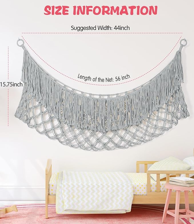 Stuffed Animal Hammock - Extra Large 56'' Long, Stuffed Animal Storage, stuffed animal Holder net, Toy Hammock Large, Toy Storage Hanging Organizer - Light grey