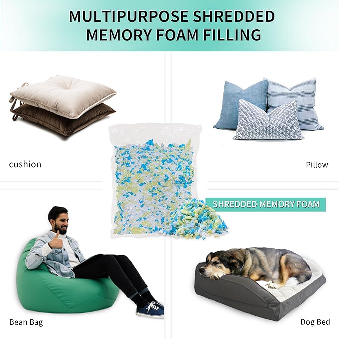 55lbs Shredded Memory Foam Bean Bag Filler, Soft and Convenient Bean Bag Filling Pillow Stuffing for Beanbag, Couch, Cushion, Stuffed Animals, Dog Bed, Arts Crafts