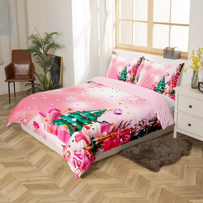Christmas Bedding Set Kids Christmas Tree Snowman Xmas Theme Comforter Cover Set for Boys Girls Snowflake Duvet Cover Breathable Luxury Gift Boxes Bedspread Cover Room Decor Quilt Cover Toddler Size