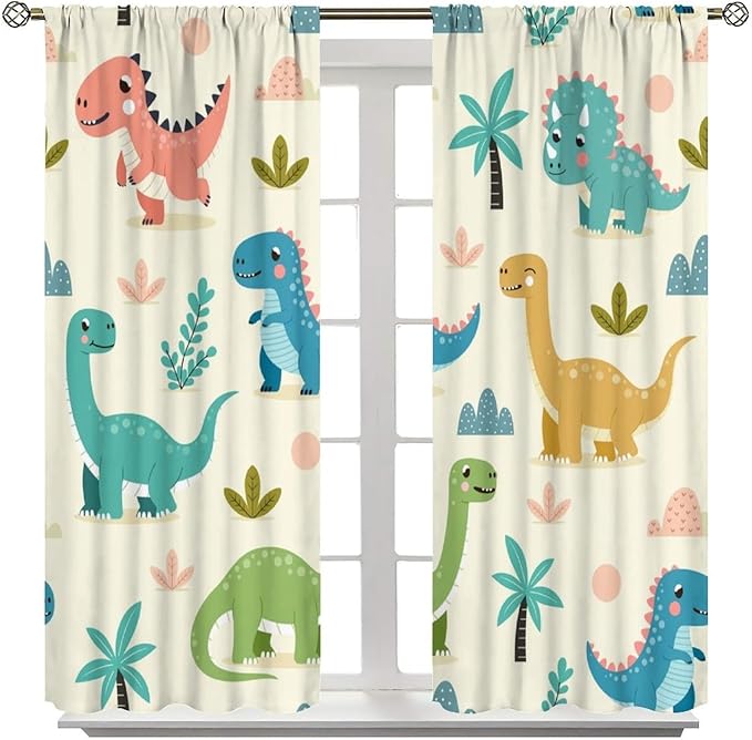 Fun Dino Curtains, Cute Colorful Dinosaur Pattern Blackout Window Treatments, Rod Pocket Thermal Insulated Drapes 2 Panel Sets for Children Boys Bedroom Nursery Classroom, 55" W X 63" L