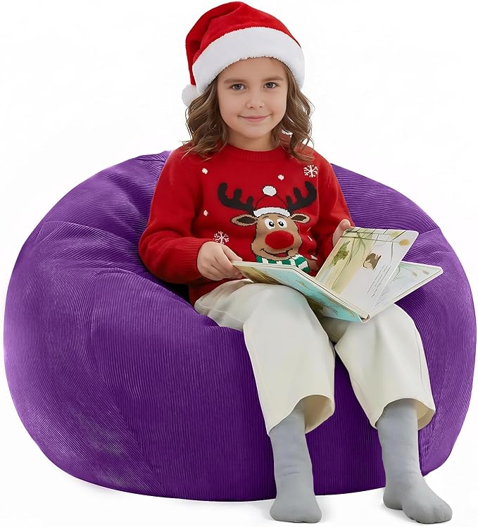 Nobildonna 3 ft Bean Bag Chair Cover (No Filler) 35"×43" Large Stuffed Animal Storage Bean Bag Washable Big Beanbag Chair Cover Premium Corduroy Bean Bag Cover for Adults,Kids,Purple 300L