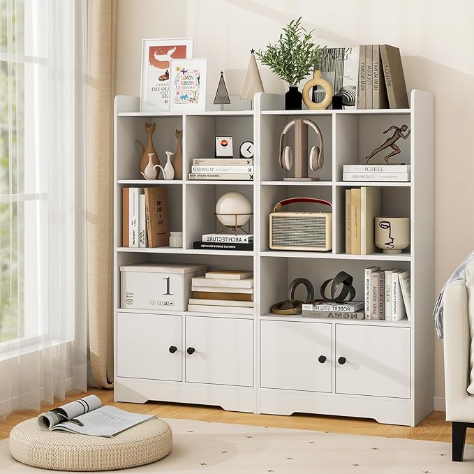Costzon Kids Toy Storage Cabinet, 47.5" Tall Bookcase w/ 5 Open Compartments & 2 Doors, Multifunctional Display Shelf Home Organizer for Playroom, Nursery, Bedroom, Living Room, Study (White)