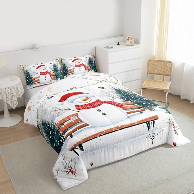 Feelyou Merry Christmas Comforter Set Twin Size Cute Snowman Bedding Set for Kids Boys Girls Snowflake Duvet Quilt Christmas Tree Bedroom Decor Microfiber 2 Pcs with 1 Pillow Cases