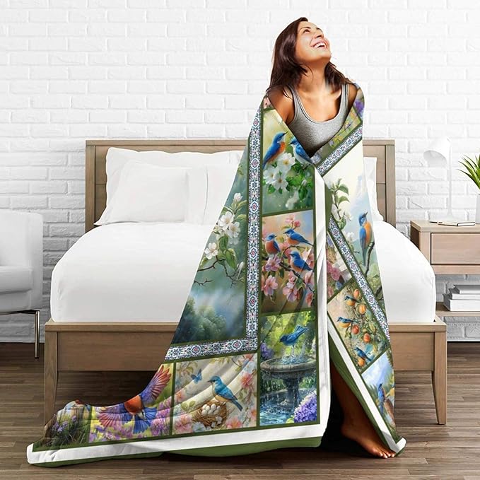Blue Hummingbirds Blanket Moutain Flowers Bird Throw Blankets Gifts for Girls Boys Women Cozy Warm Soft Fuzzy Flannel Throw Plush Stuffed Animal Fleece Gifts for Kids Men Women for Sofa Bed 50" x40"