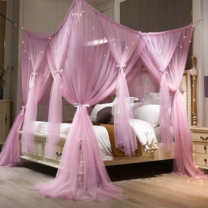 VETHIN 4 Corners Post Princess Bed Canopy Curtain Double Layer Cozy Drape Netting 4 Opening Mosquito Net for Girls & Adults Bedroom Decoration Accessories (Double Pink, 47" W*78" L*82"*H/Twin)