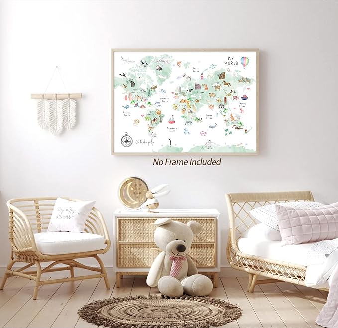 Green Kids World Map Wall Art Animal Map Canvas Wall Art Nursery Wall Decor World Map Poster Childrens Room Decor Playroom Prints Educational Artwork 16x24 Inch Unframed