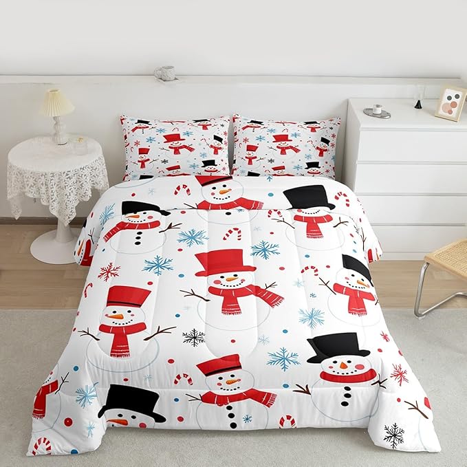Feelyou Merry Christmas Comforter Set All Season Snowman Bedding Set with 1 Pillow Cases Winter Holiday Microfiber Kids Toddler Bedclothes New Year Gift Bedroom Decor Duvet Quilt Soft Lightweight