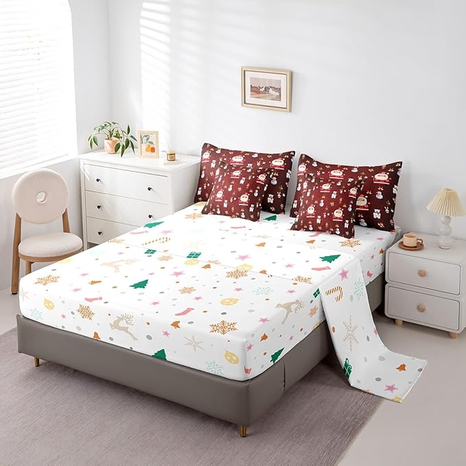 Christmas Kids Bed Set Cute Snowman Santa Claus Decorations Bed in a Bag Boys Girls Bear Rabbit Comforter Set with Sheets Christmas Bells Cartoon Design Bedding Set Bedroom Collection King Size
