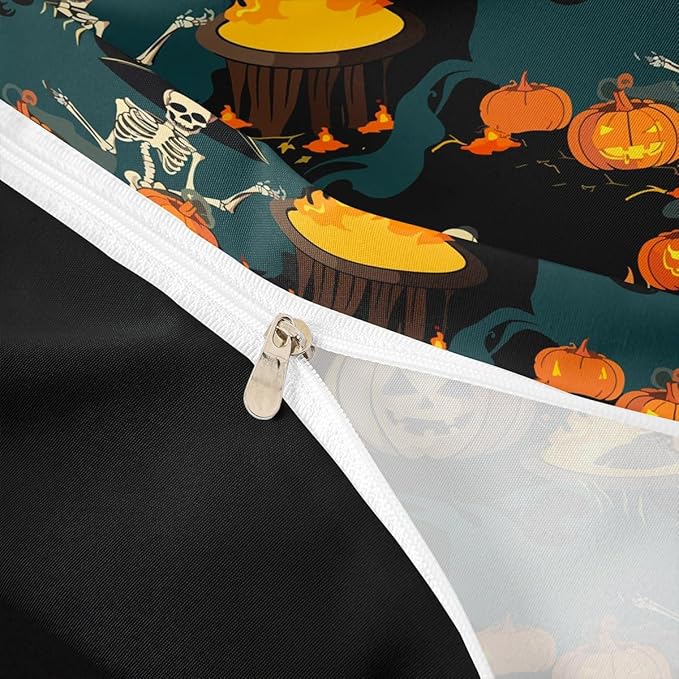 Feelyou Halloween Bedding Set for Kids Horror Skull Skeletons Comforter Cover Set Ghost Duvet Cover Pumpkin Lantern Bats Pattern Bedroom Decor Bedspread Cover Twin Size Bedding Collection 2Pcs