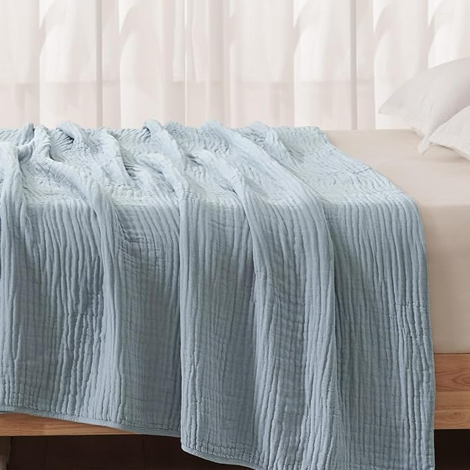 PHF Cooling Muslin Blanket King Size 104"x80", 6-Layer Lightweight Gauze Blanket Made from 35% Rayon Derived from Bamboo & 65% Cotton, Breathable & Ultra Soft Cozy, Aesthetic Home Decor, Dusty Blue