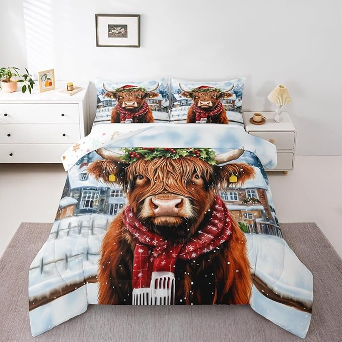 Feelyou Merry Christmas Bedding Set Soft for Boys Girls, Highland Cow Comforter Set Full Size Snowflake Duvet Quilt Microfiber Winter Bedroom Decor 3 Pcs with 2 Pillow Cases