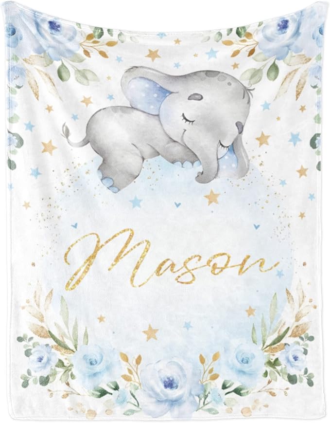 Custom Elephant Blanket with Name for Boys, Personalized Name Blanket for Teen, Soft Flannel Elephant Blankets Customized Gift for Birthday 50"x60"