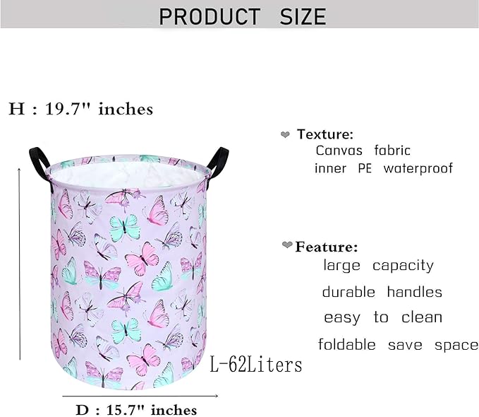 KUNRO Round Laundry Gift Basket Storage Hamper, Kids Toys and Clothes Storage Organizer Bins, Toy Shelf Basket with Handles for Room Decor (Purple Butterfly)