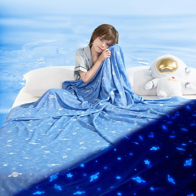 LUXEAR Cooling Glow in The Dark Star Cosmic Blanket for Boys Girls - Gift Throw Keep Child/Adults Cool All Night - Soft Breathable Summer Blanket for Bed Sofa - 79x86in