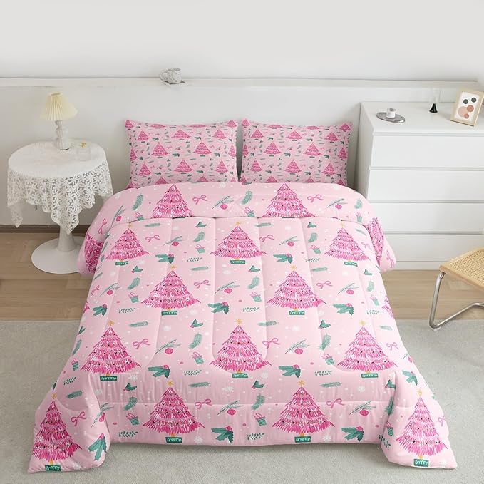 Feelyou Christmas Tree Comforter Set All Season Merry Christmas Bedding Set with 2 Pillow Cases Happy New Year Microfiber Kids Queen Bedclothes Xmas Bedroom Decor Duvet Quilt Soft Lightweight