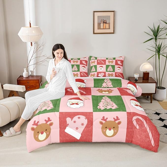 Feelyou Merry Christmas Bedding Set Soft for Boys Girls, Xmas Tree Santa Claus Comforter Set Twin Size Candy Cane Deer Duvet Quilt Microfiber Patchwork Bedroom Decor 2 Pcs with 1 Pillow Cases