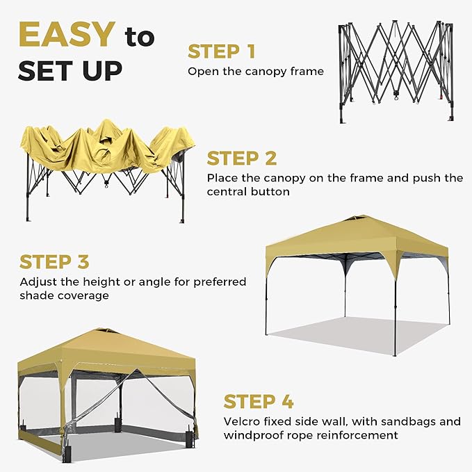GDY 12x12FT Pop Up Canopy Tent with One Push Setup, Easy Setup Gazebo with 4 PVC Transparent Sidewalls for Events, Parties, Camping, Khaki