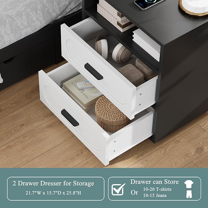 Nightstand Set of 2 with Charging Station, End Table with 2 Drawers Storage, Space-Saving Wood Storage Cabinet with Unique Base Design, Bedside Table for Bedroom, Living Room