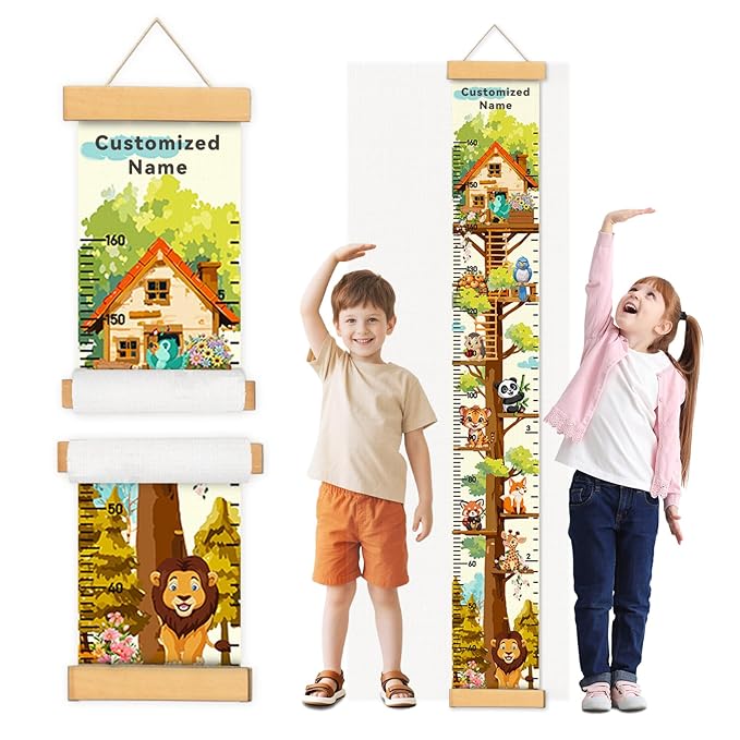 Personalized Name Height Chart for Kids, Kids Growth Chart for Wall, 59" X 7.9" Canvas Removable Height Chart Measuring Ruler for Kids & Baby(Painted Tree House）