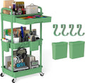 3 Tier Rolling Utility Cart with Drawer, Plastic Storage Organizer Rolling Carts with Wheels Handles Hanging Cups Hooks for Office, Bathroom, Kitchen,Craft Art Room (Green)