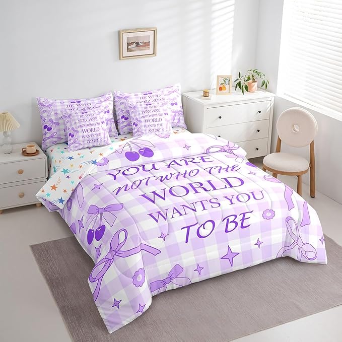 7 Pieces Purple Bowknot Comforter Set King,Cherry Stars Daisy Flowers Romantic Bedding Set,Bow Tie Geometric Plaid Patchwork Dreamy（Comforter+Fitted+Flat Sheet+2 Pillowcases+2 Throw Pillow Covers）