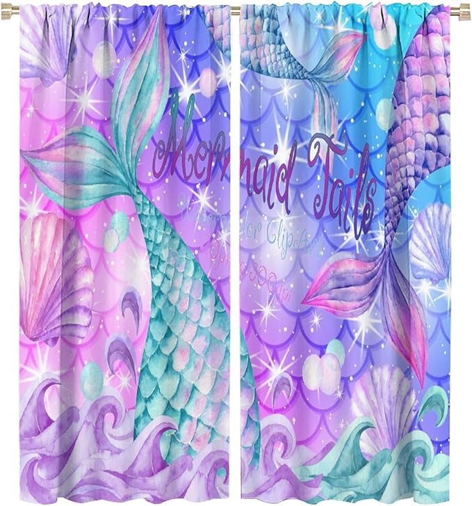 Dream Mermaid Curtain Colorful Mermaid Shell Ocean Theme Fantasy Blackout Curtains for Kids Boys Girls Bedroom Nursery Room Decor Rod Pocket Window Drapes 55x63in