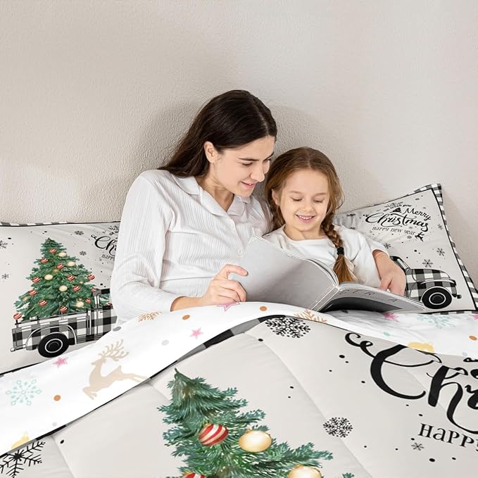 Christmas Truck Kids Comforter Set Twin Size,Snowflake Pines Trees Rustic Bedding,Girls Boys Adults Bedroom/Xmas Cabin Decor,Geometric Grids Lattice Down Comforter,Retro Duvet Insert,1 Pillowcase