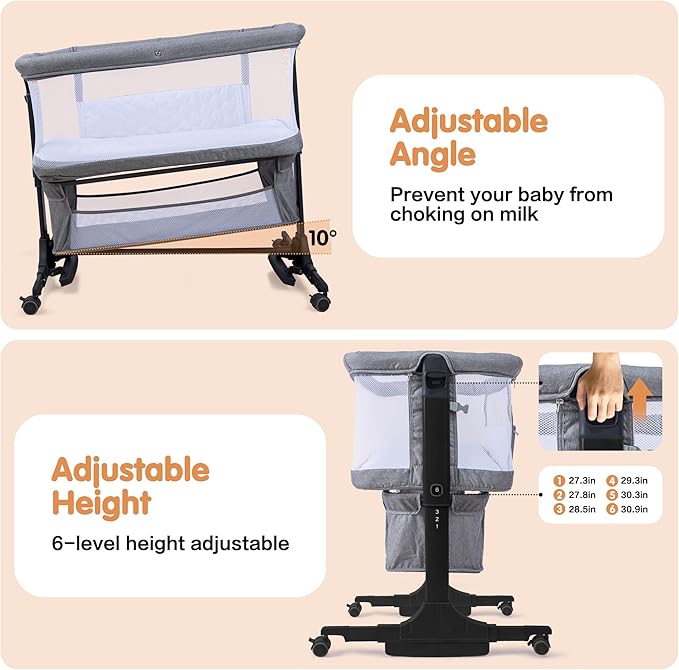 Bedside Bassinet, 3-in-1 Baby Bassinet Bedside Sleeper with Mosquito Net, Adjustable Height, Portable Baby Crib with Wheels, Breathable Mesh & Storage Basket