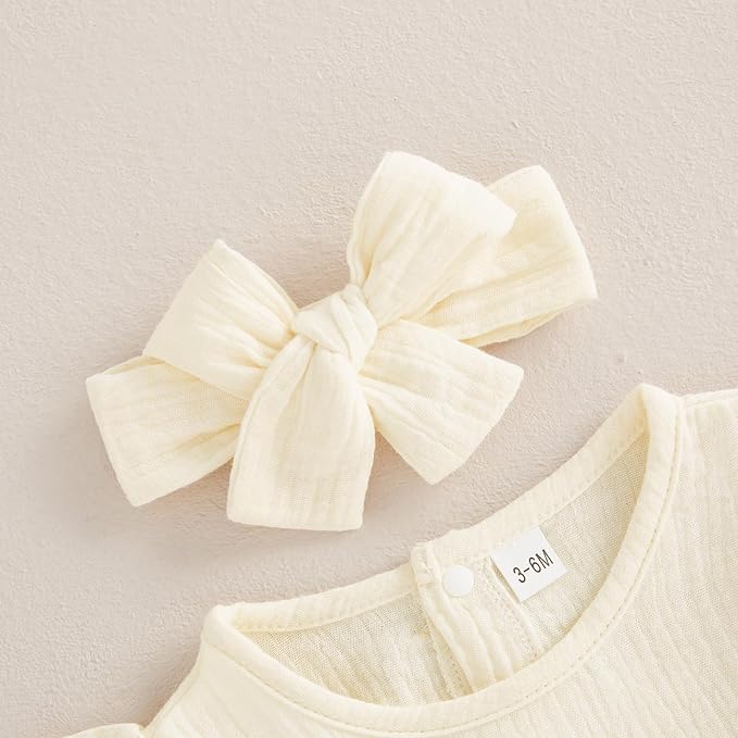 Newborn Infant Baby Girl Clothes Cotton Linen Long Sleeve Smocked Bubble Romper Ruffle Bodysuit Jumpsuit Fall Outfit