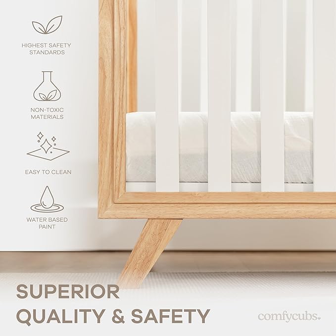 Comfy Cubs Baby Crib for 0 to 3 Years - Adjustable Mattress Height, Natural Wooden Crib for Baby, Elegant Nursery Furniture - 80 lbs Capacity Nursery Bed - White Bars with Natural Wood Frame and Legs