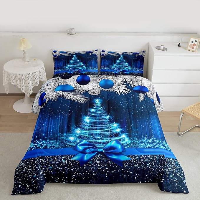 Merry Christmas Kids Comforter Set Twin Size,Snowflake Christmas Tree Bowknot Bedding Set,Girls Boys Adults Xmas Decor,Blue Gradient Line Glitter Down Comforter,Romantic Duvet Insert,1 Pillowcase