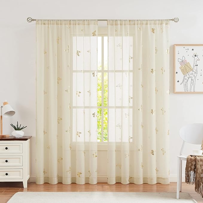 Jubilantex Butterfly Sheer Curtain Panels for Girls Nursery Bedroom, Toddler Gold Print Linen Textured Voile Farmhouse Rod Pocket Window Drapes 95 Inch for Kids Room, 2 Panels, Ivory/Beige