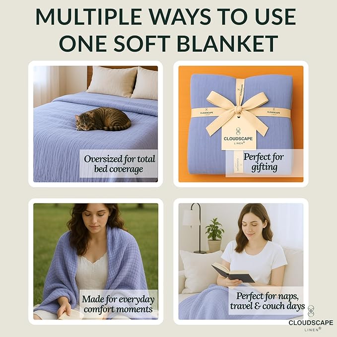 Cloud Scape Linen 4 Layer Oversized Muslin Blanket King Size - 100% Cotton, Lightweight & Breathable All Season Blanket for Bed, fits California King, 92x108, Lavender Blue